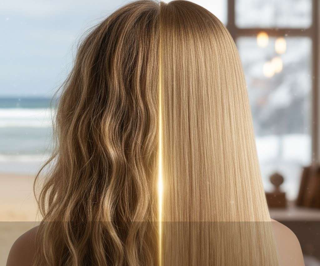 Hair comparison showing half wavy and frizzy strands versus half smooth and straight, symbolizing repair and nourishment.