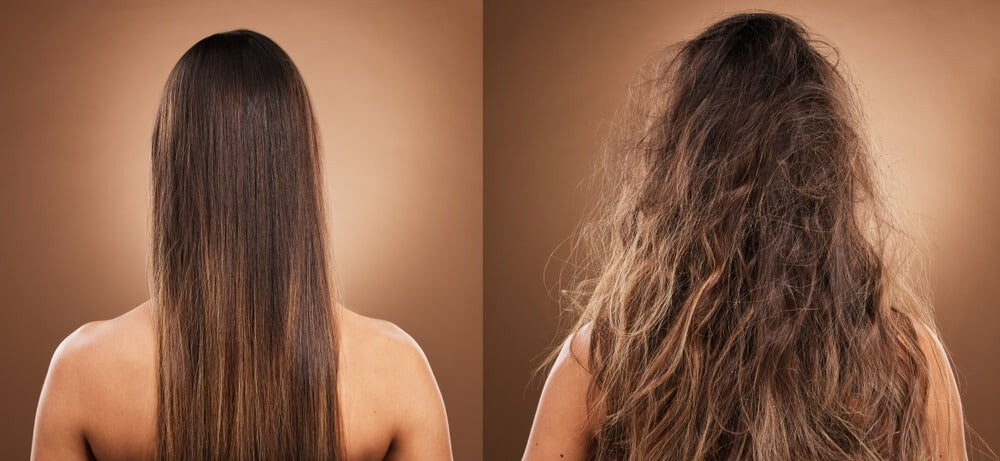 Before and after comparison of hair protein treatment showing frizzy damaged hair versus smooth straight hair.