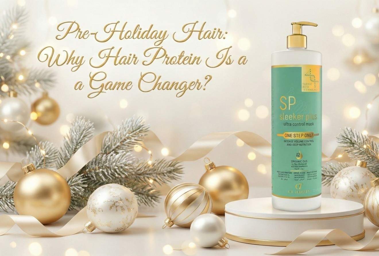 A festive holiday-themed hair care scene featuring the Sleeker Plus Ultra Control Mask bottle displayed among golden ornaments and winter decorations.