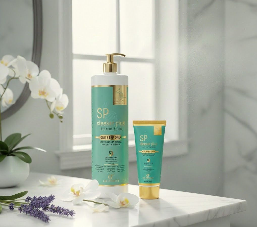 A sleek display of Sleeker Plus Hair Protein Treatment by Belas Store, highlighting a professional protein solution designed to repair, strengthen, and restore damaged hair