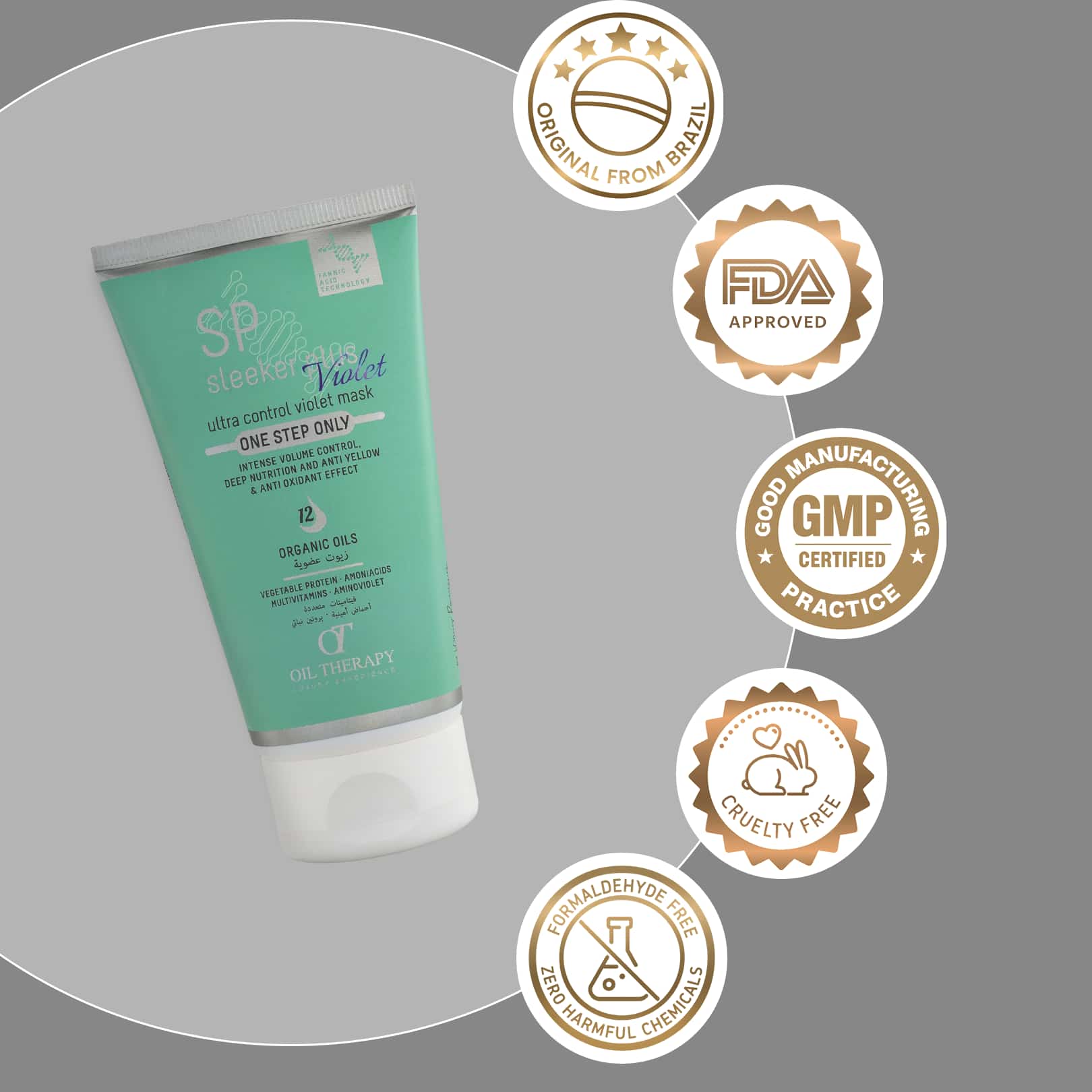 Green skincare product with certification badges on a gray background