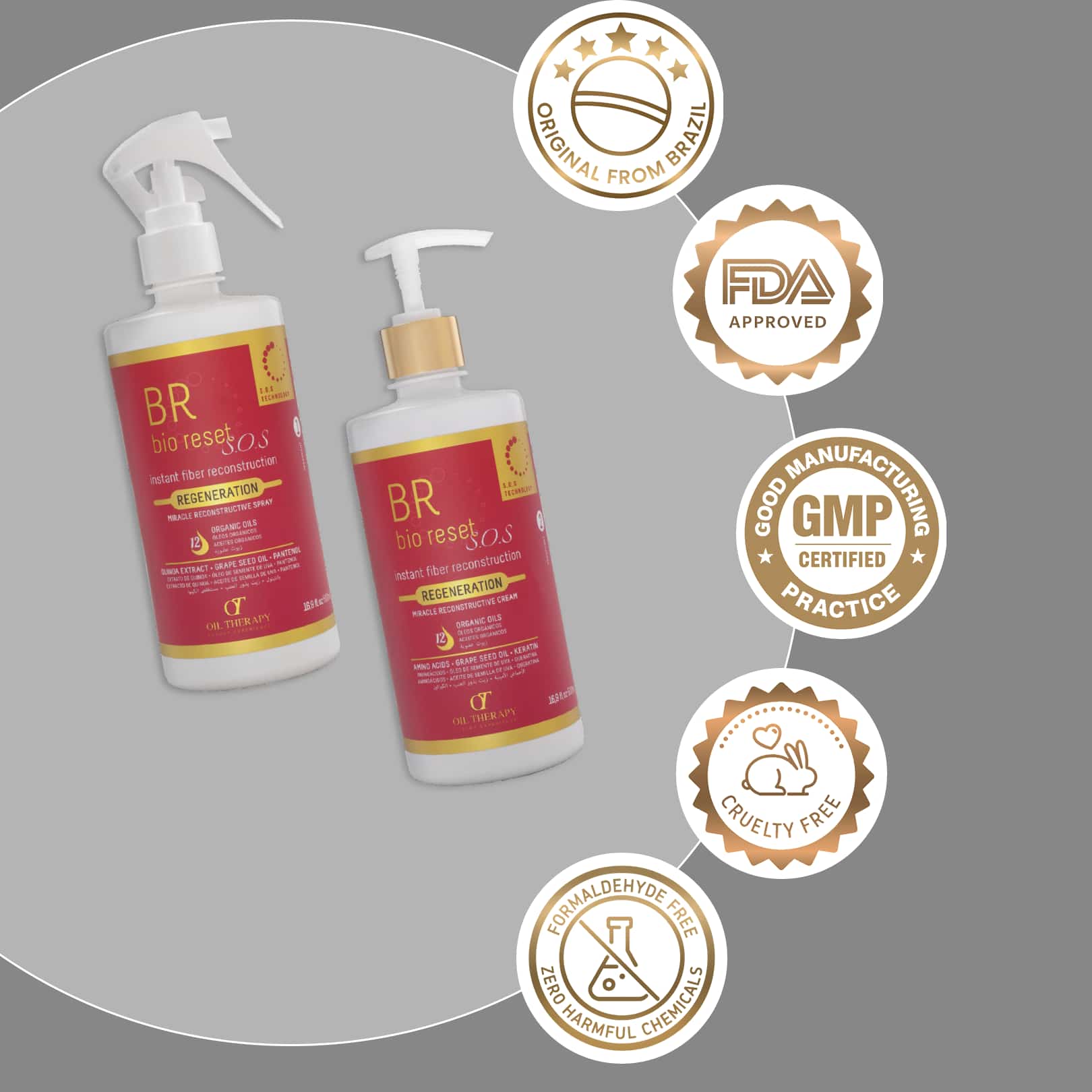 Two bottles of BR bio reset 2.0 with certification logos on a gray background