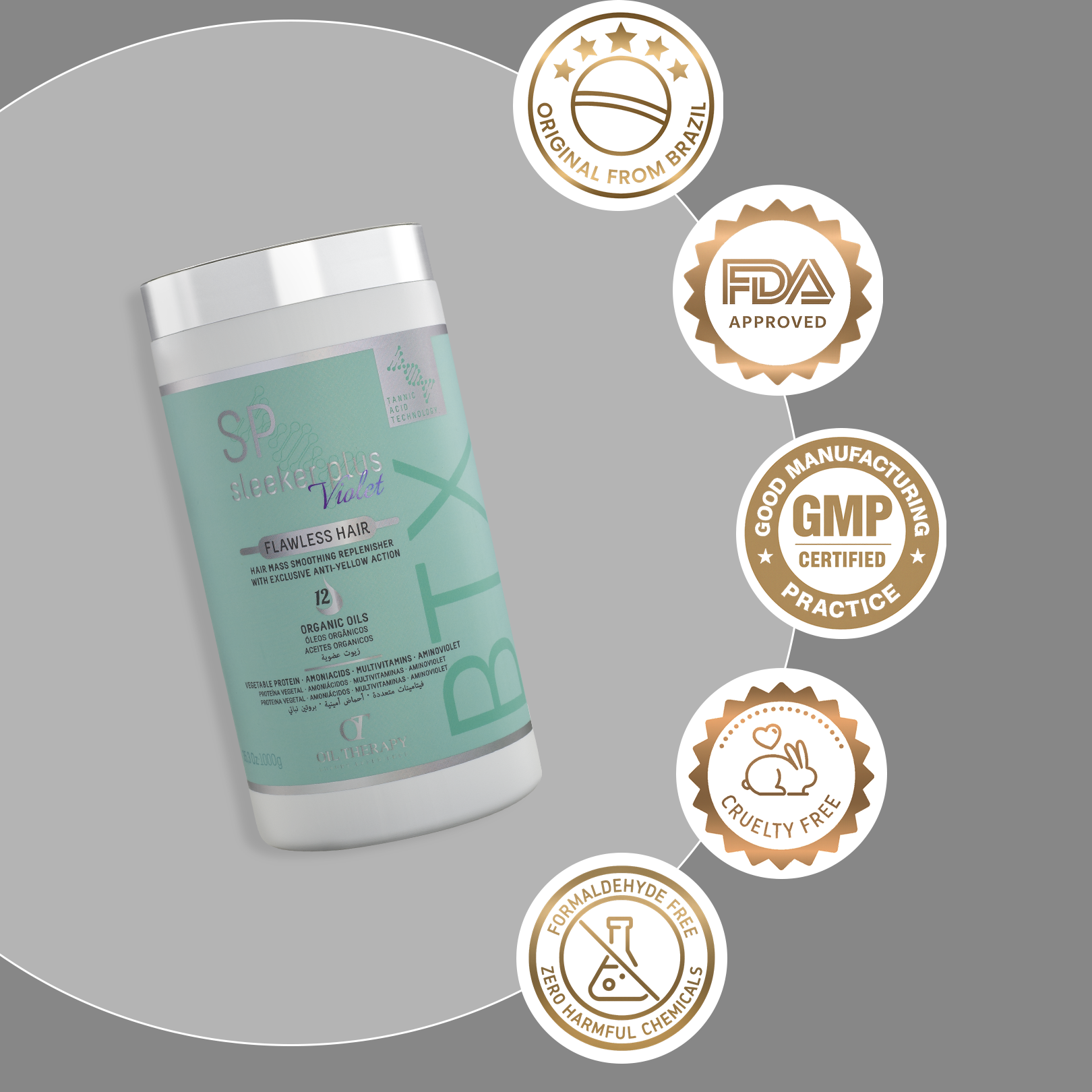 Container of hair product with certification badges on a gray background.
