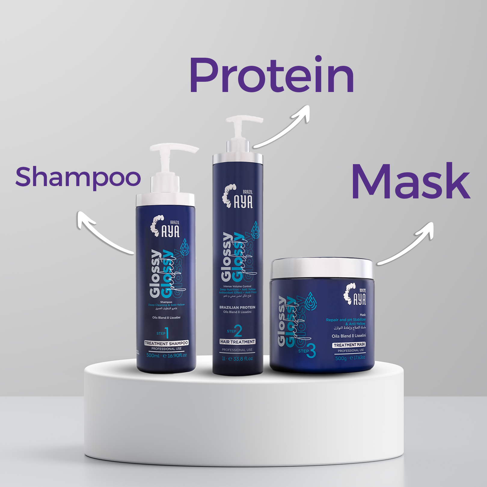 مجموعة بروتين الشعر الأشقر والمصبوغ آيا برازيل 3 خطوات – للشعر الأشقر/المصبوغ