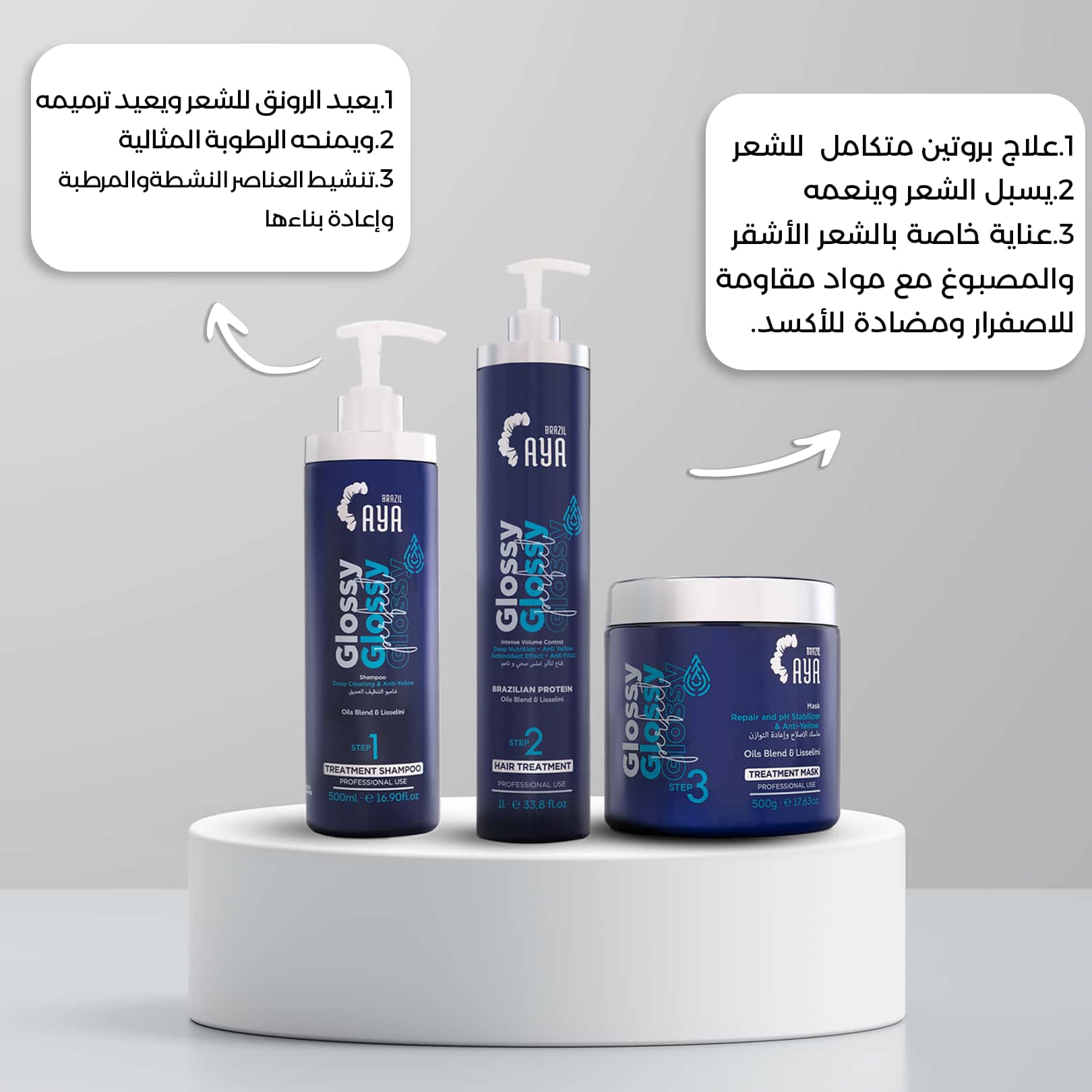 Aya Glossy hair care products on a white platform with Arabic text.