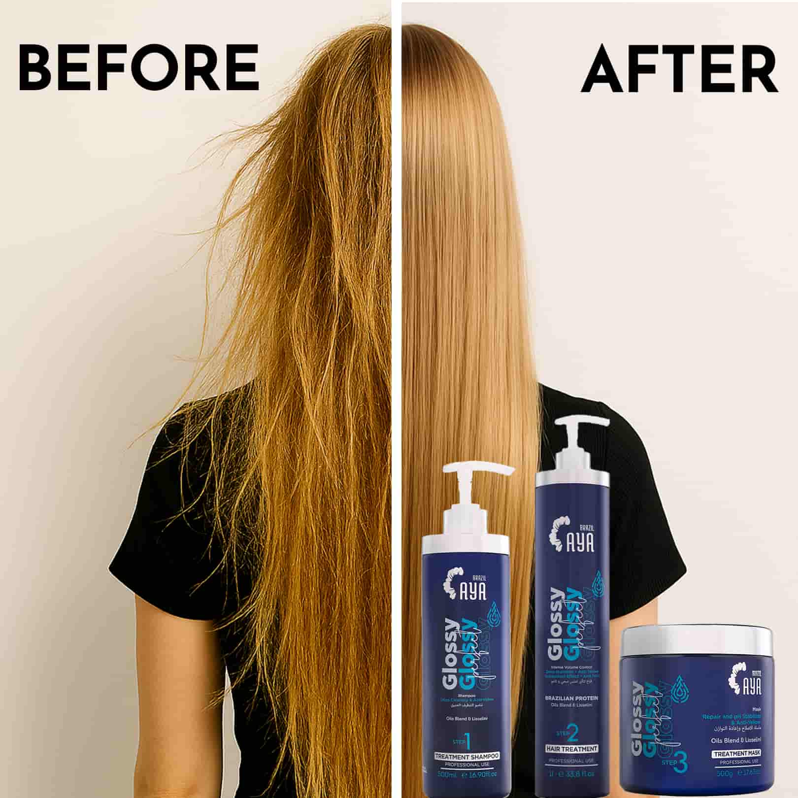 Before and after comparison of hair with Aya Glossy Care products.