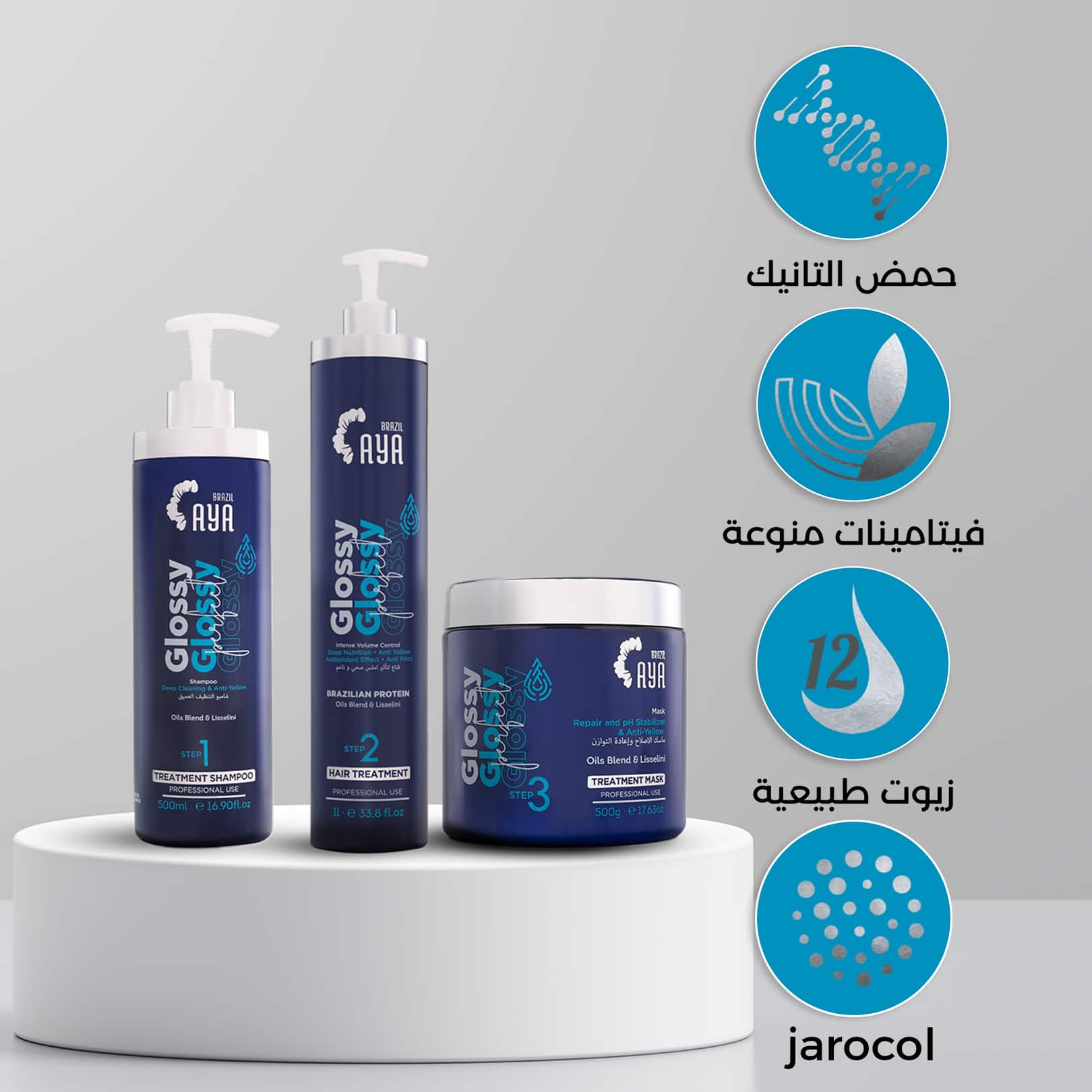 Aya Glossy hair care product set with bottles and a jar on a white platform, featuring the Rya logo and product names.