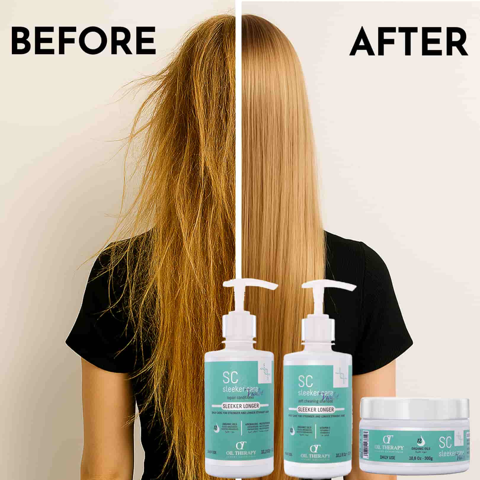 Before and after comparison of hair with product bottles and jar displayed.