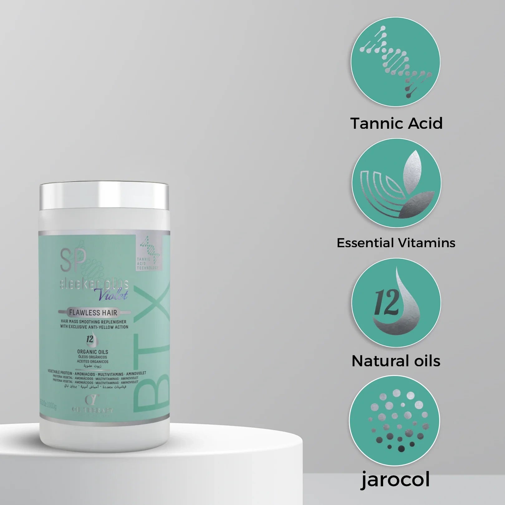 Container with a label on a gray background, featuring icons for Tannic Acid, Essential Vitamins, Natural Oils, and jarocol.