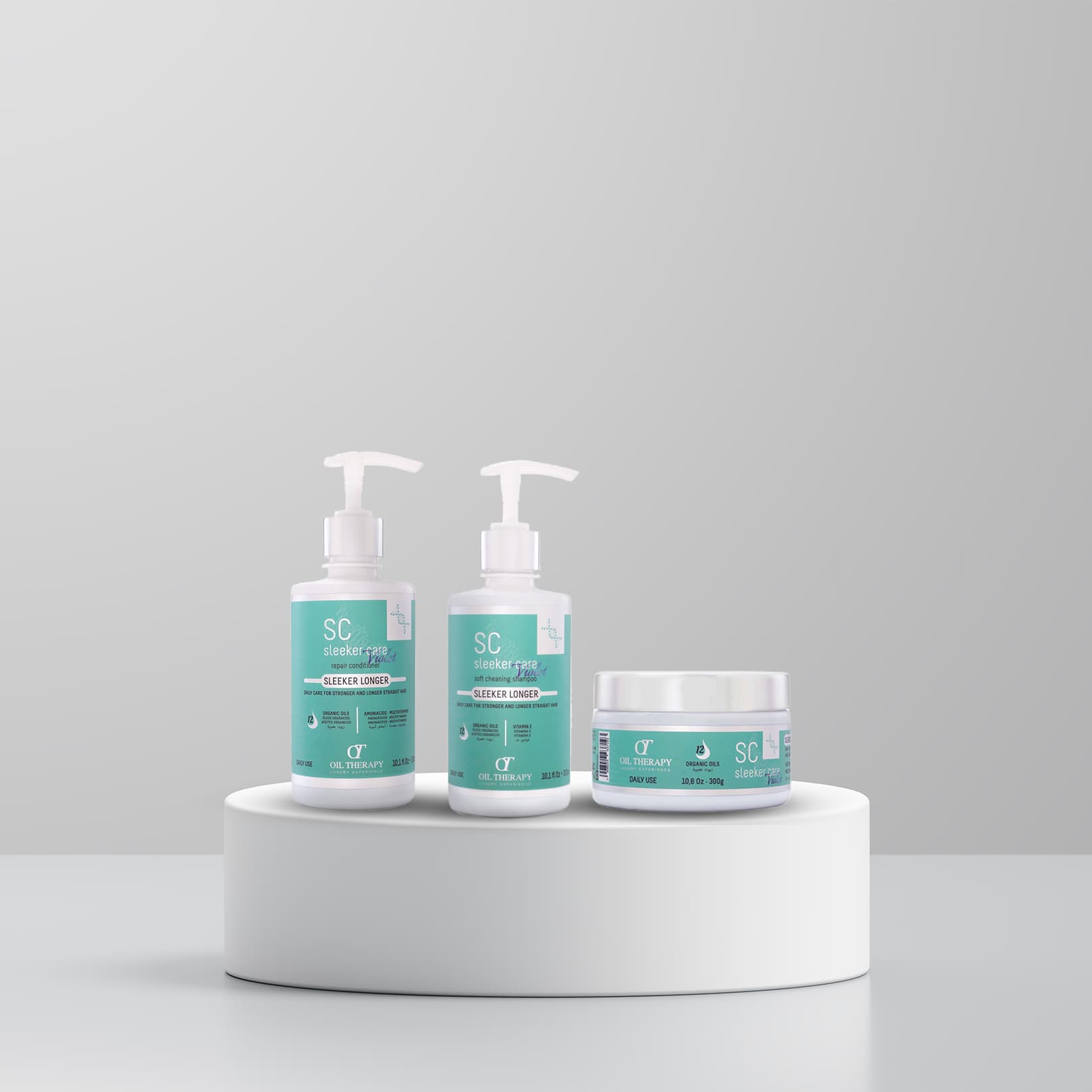 Three skincare products on a white pedestal with a light gray background