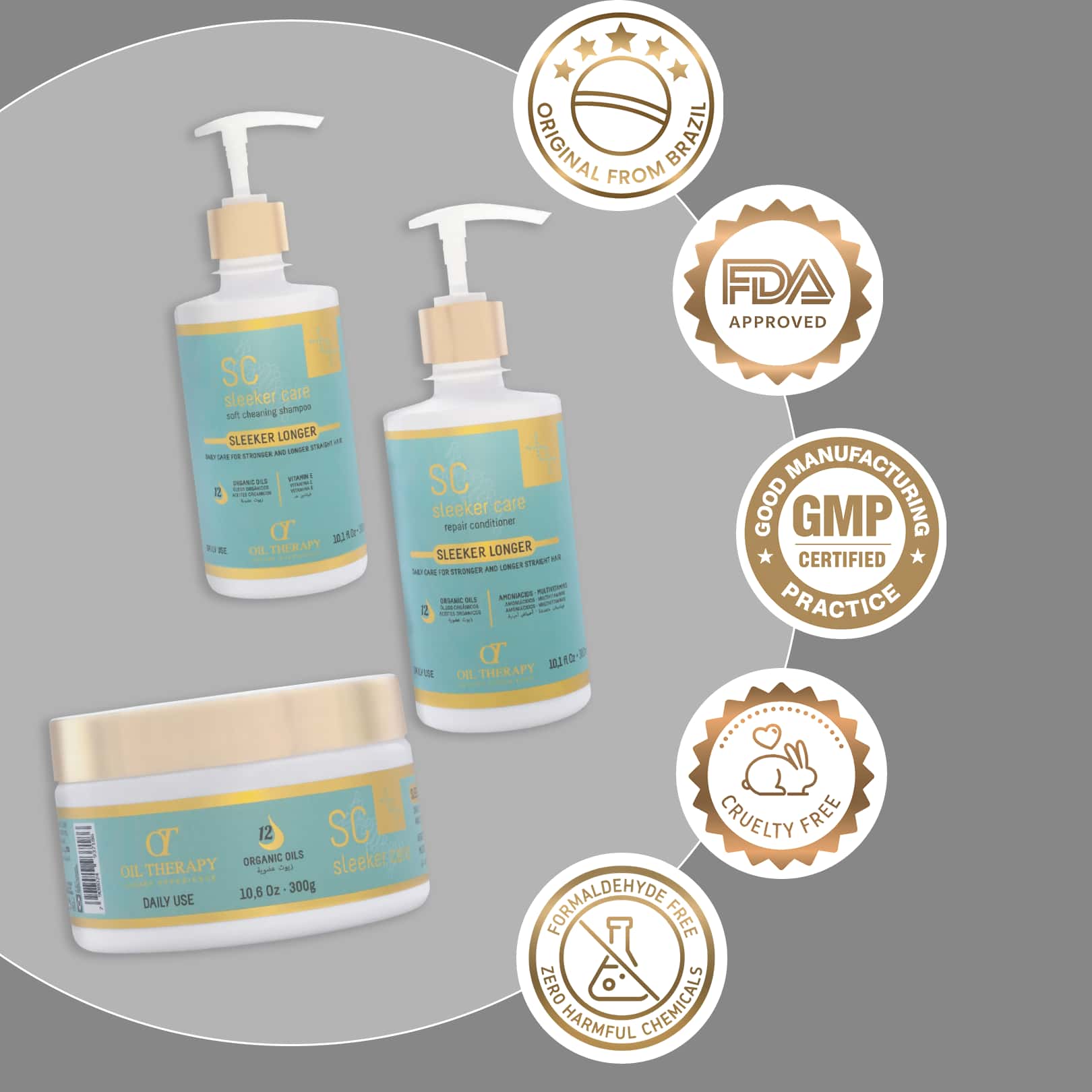 Cosmetic products with certification badges on a gray background