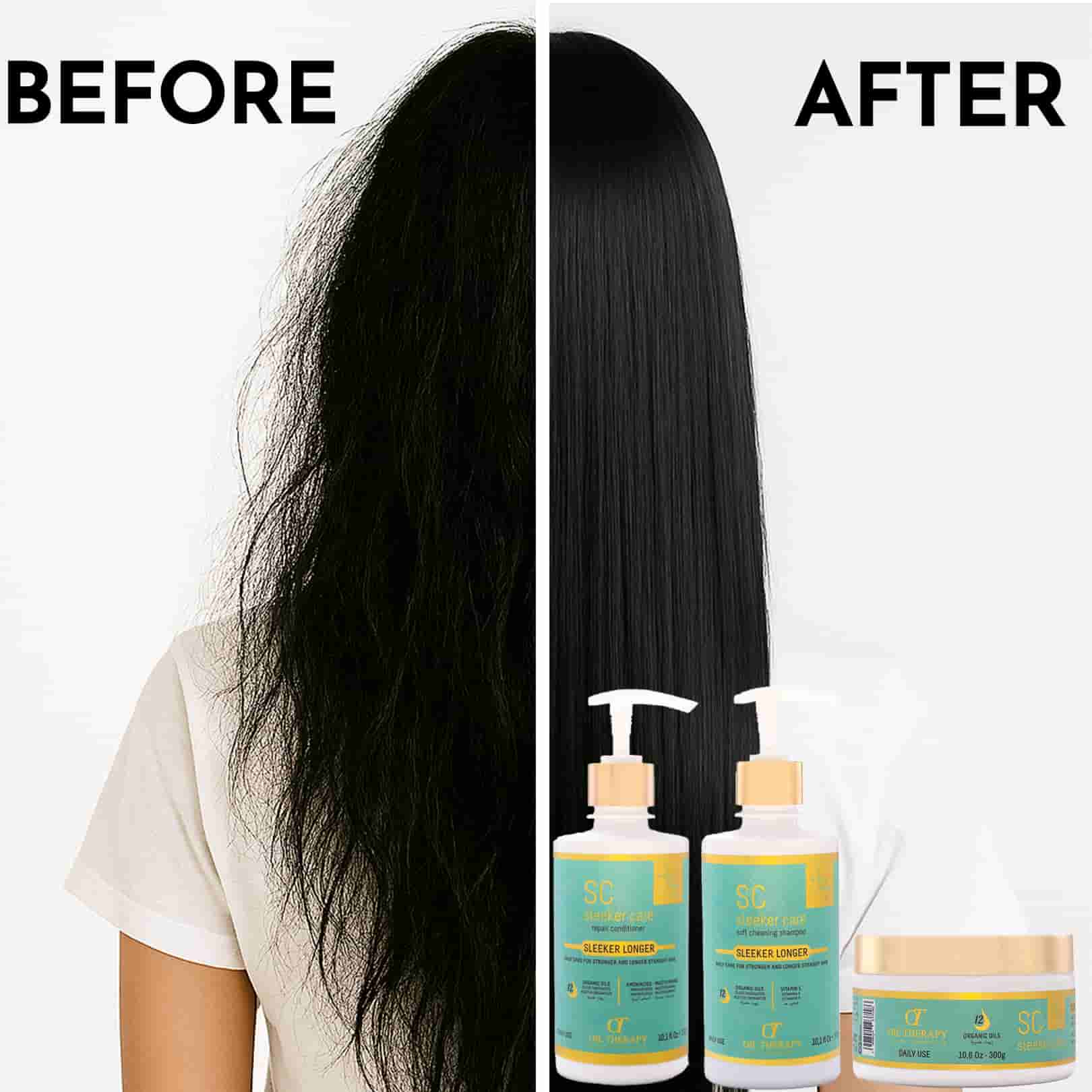 Before and after comparison of hair with hair care products displayed below.