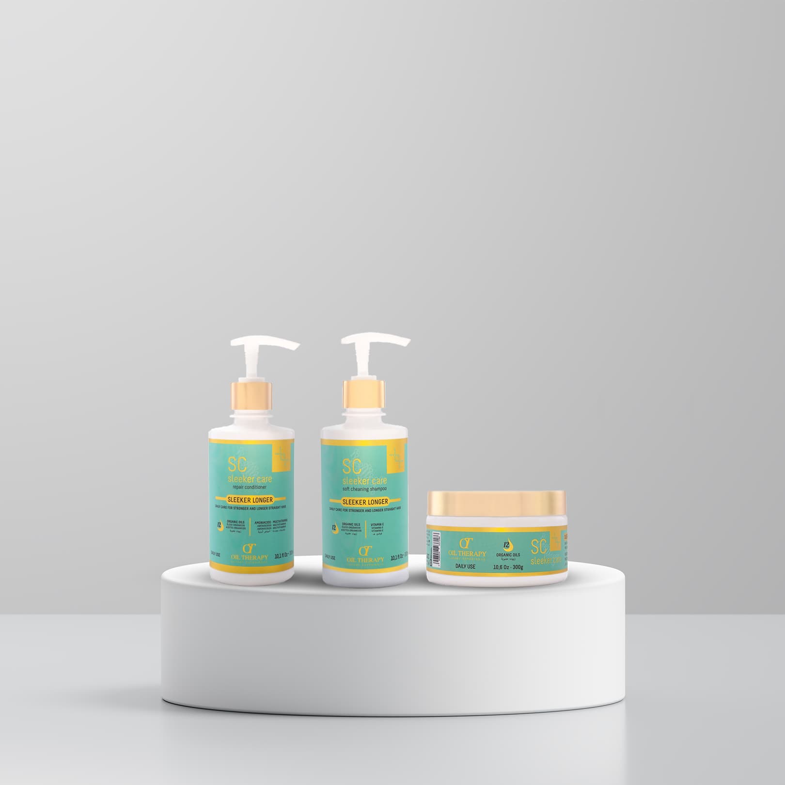 Three skincare products on a white pedestal with a gray background
