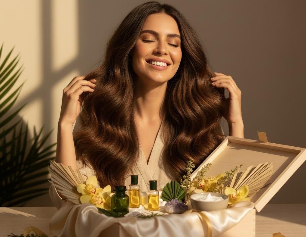 Woman with glossy, styled hair smiling beside a luxury Brazilian hair care gift set featuring oils, treatments, and floral packaging.
