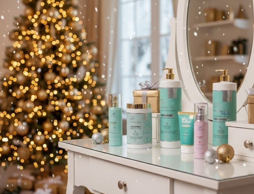 Luxury winter hair care products arranged on a vanity with a decorated Christmas tree in the background, creating a festive salon-inspired holiday setting.