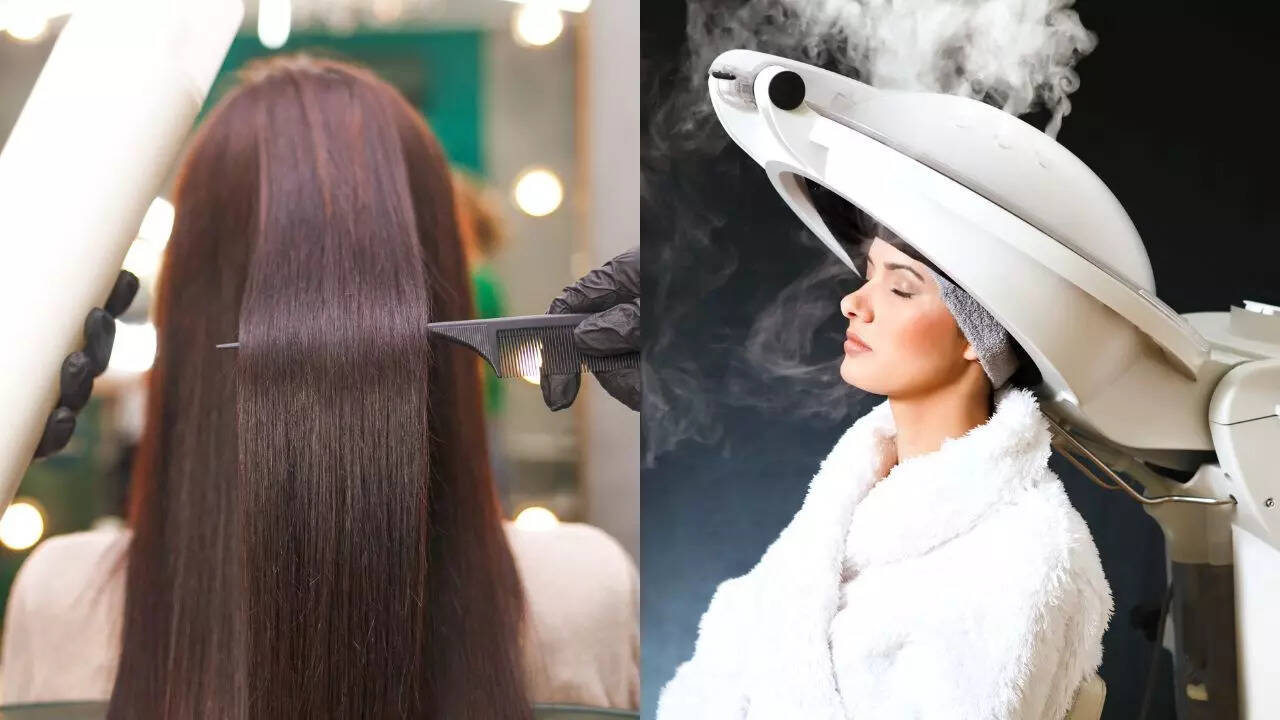 Split image showing a stylist combing smooth hair after a treatment on the left, and a woman receiving a hair steam treatment under a steamer on the right.