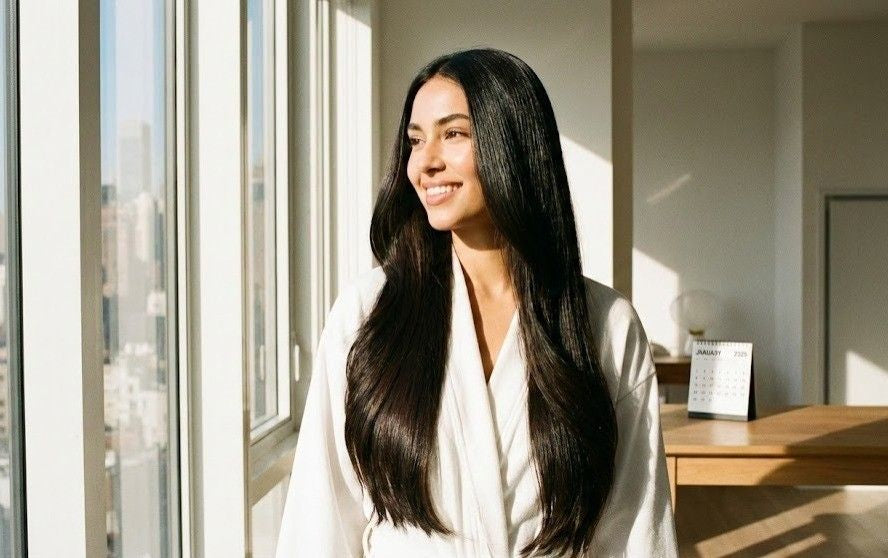 Woman with long, smooth hair standing by a window, reflecting healthy hair results after resetting a hair care routine for the new year.
