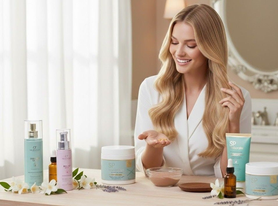 Woman in a white robe using hair care products and supplements at a vanity, highlighting an easy at-home routine for smooth, sleek hair.