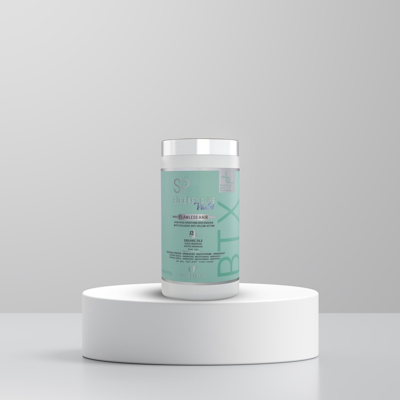 Container with a green label on a white platform against a light gray background