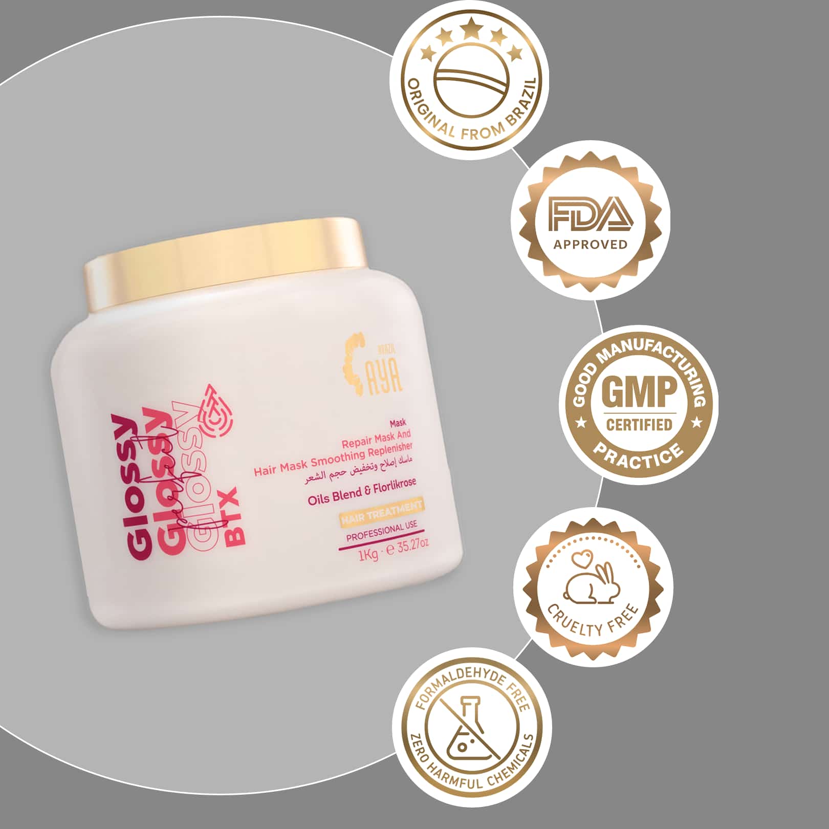 Hair mask jar with certification badges on a gray background