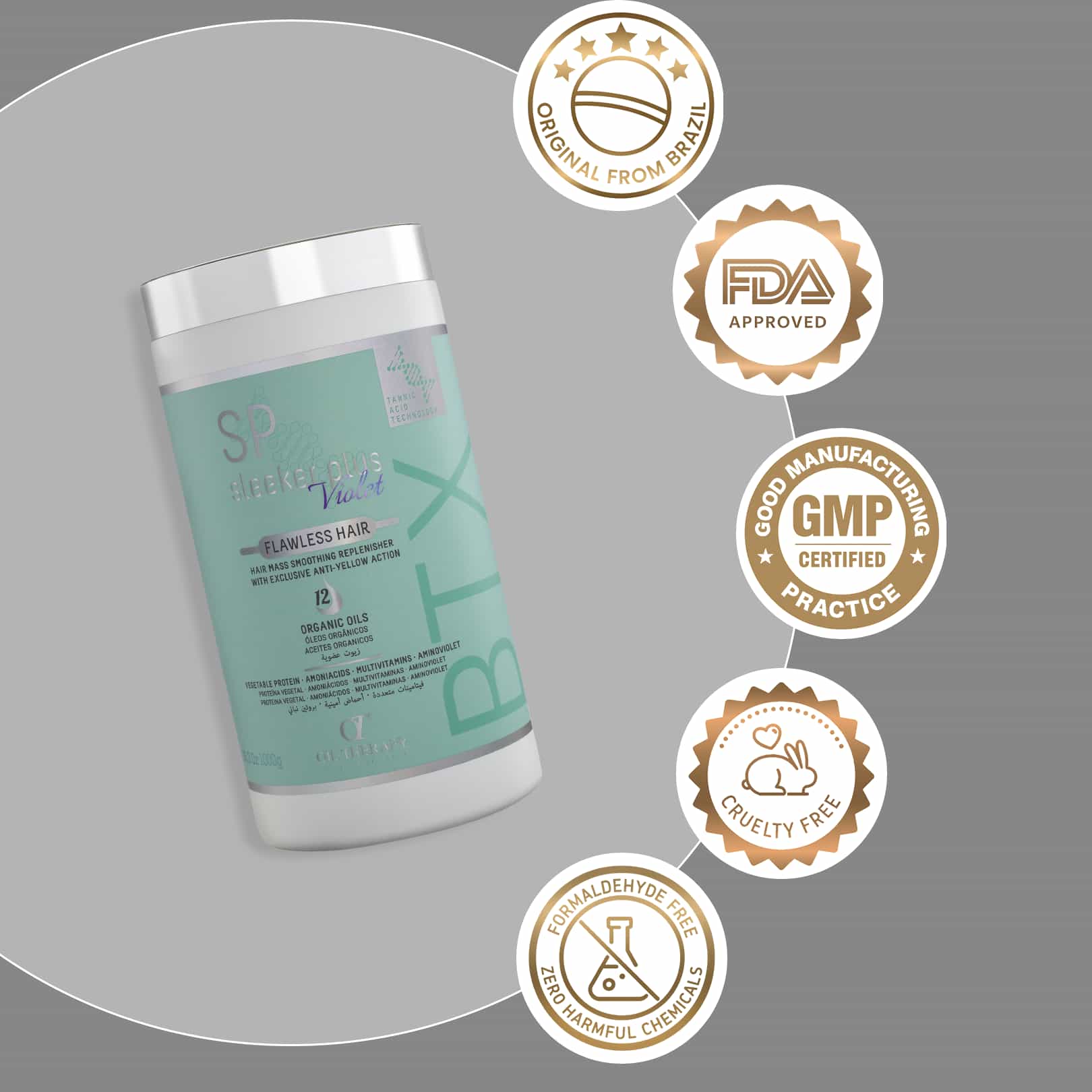 Cosmetic container with certification badges on a gray background