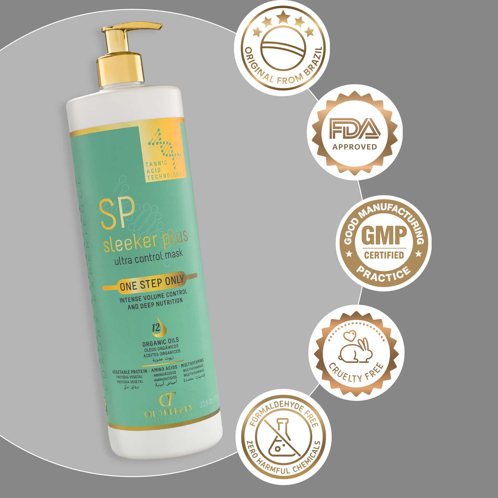 SP Sleeker Plus ultra control mask bottle with certification logos on a gray background