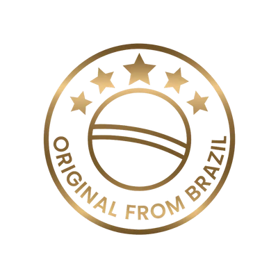Gold emblem with stars and 'Original from Brazil' text on a white background