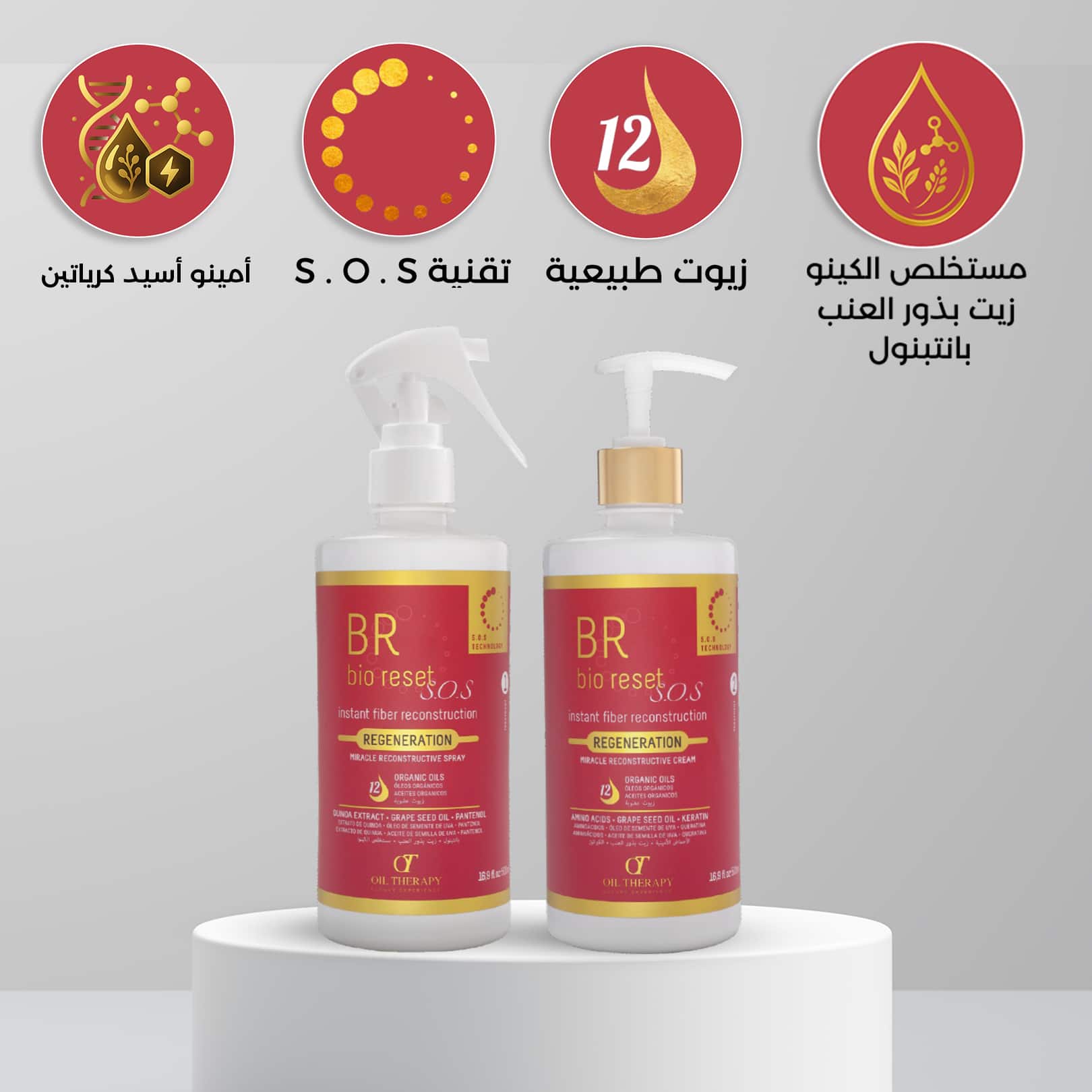 Two bottles of BR Bio Reset SOS with icons and text on a gray background