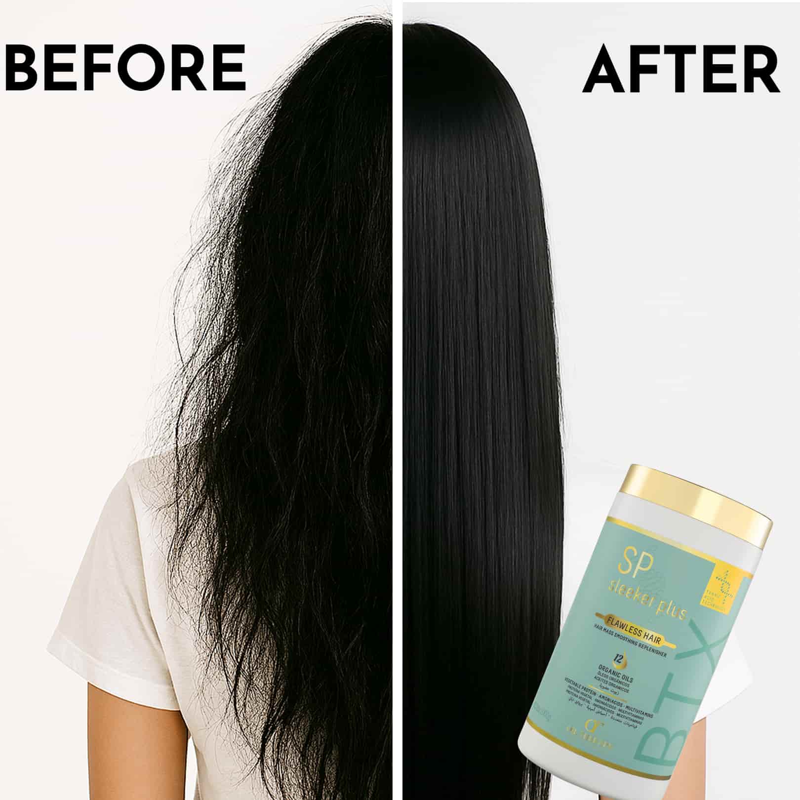 Before and after comparison of hair with a product container labeled 'SP'.