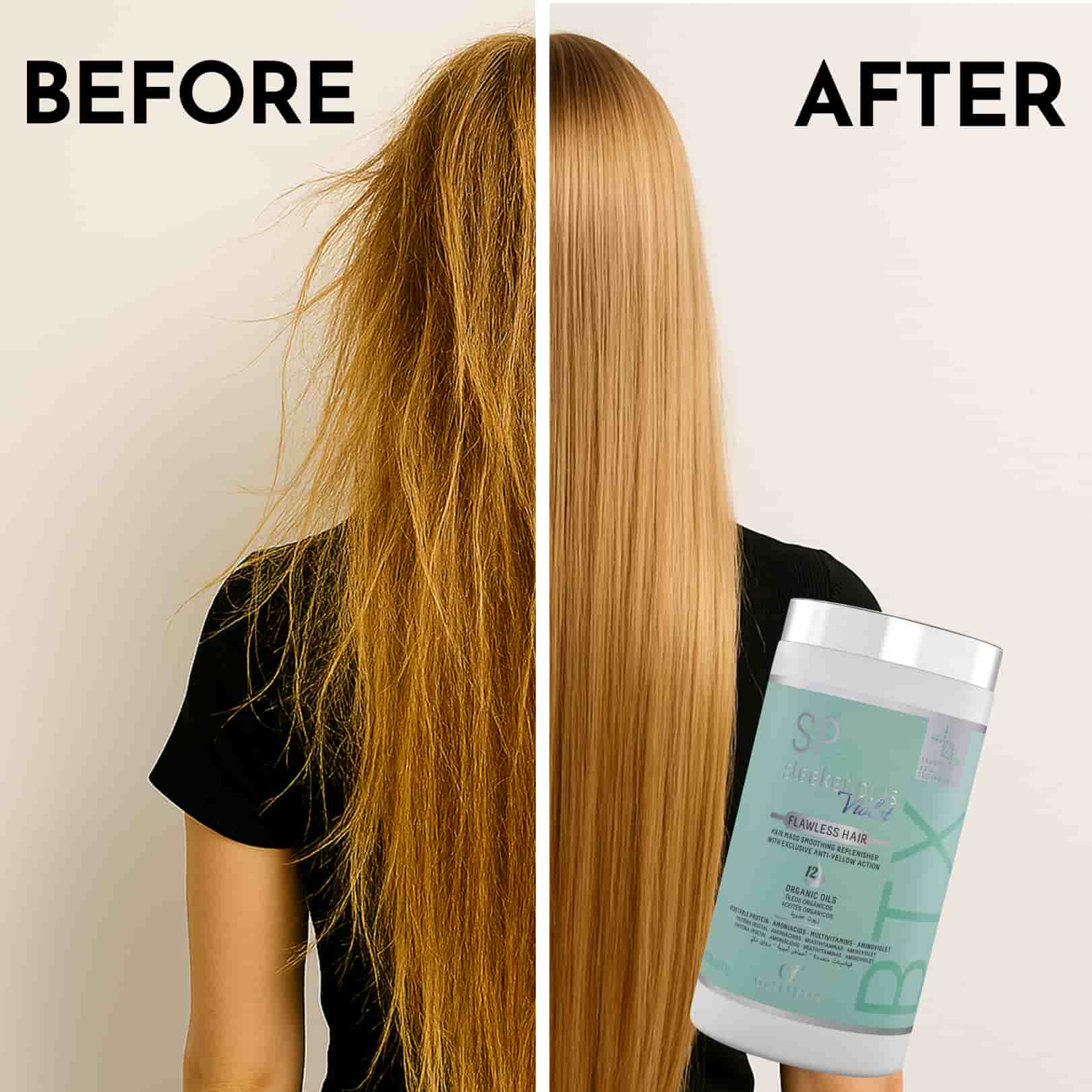 Before and after comparison of hair with a product container labeled 'SPLASH'.