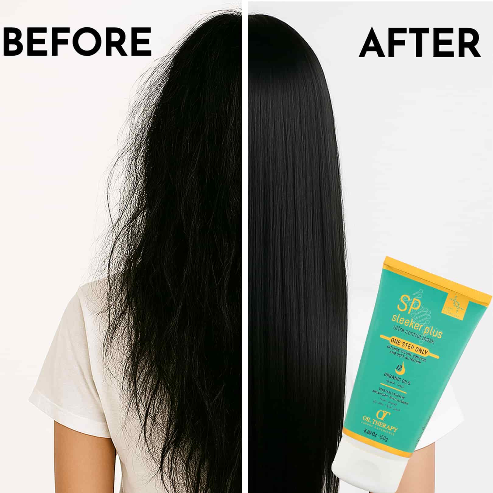 Before and after comparison of hair with a product application, featuring a tube of SP Sleek Keratin Glue.