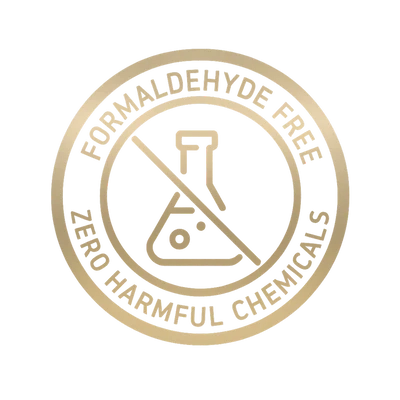 Gold circular logo with 'Formaldehyde Free' and 'Zero Harmful Chemicals' text on a white background