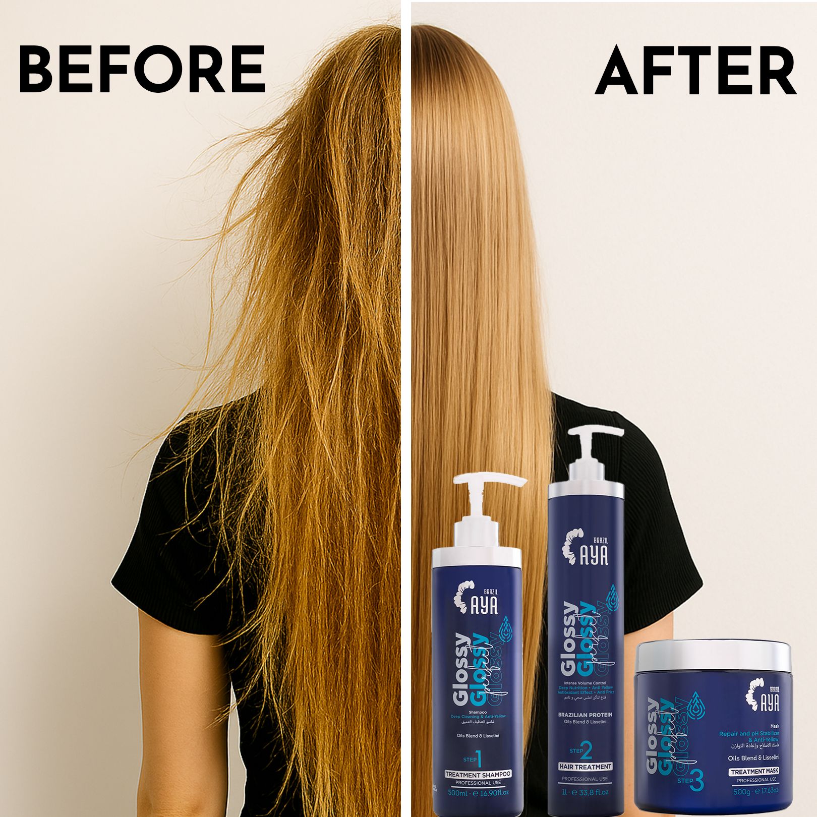 مجموعة بروتين الشعر الأشقر والمصبوغ آيا برازيل 3 خطوات – للشعر الأشقر/المصبوغ