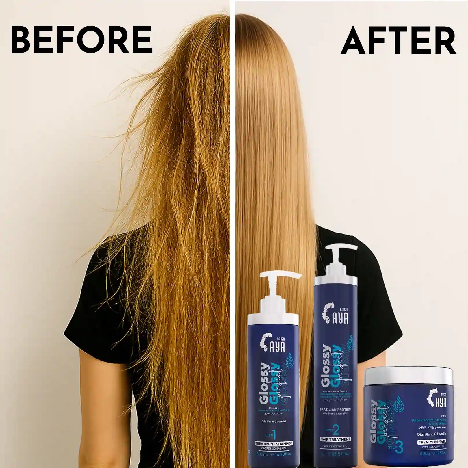 مجموعة بروتين الشعر الأشقر والمصبوغ آيا برازيل 3 خطوات – للشعر الأشقر/المصبوغ