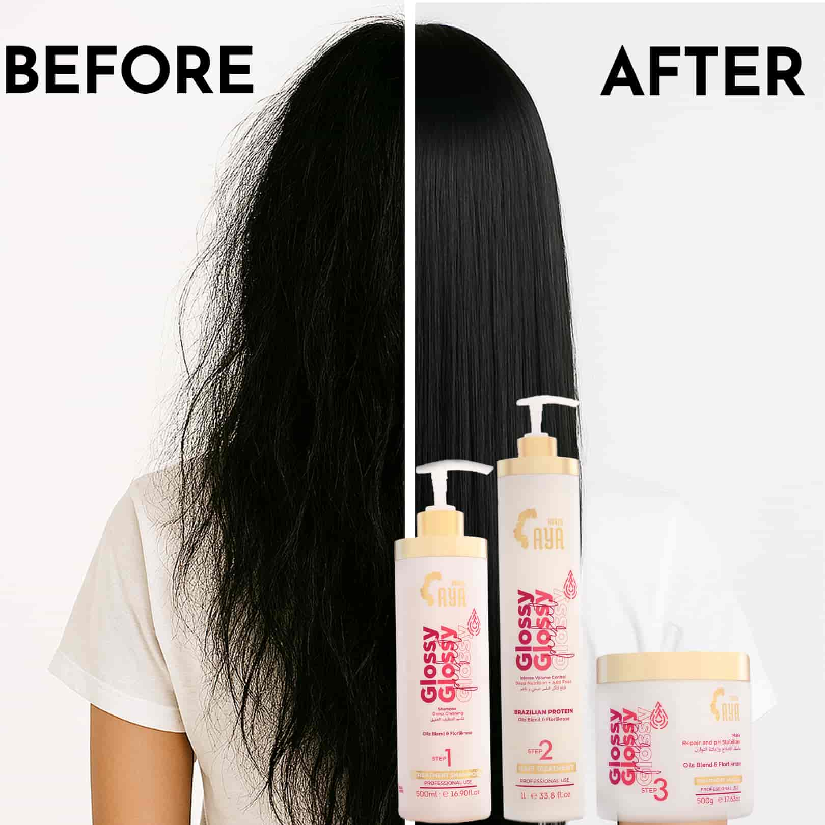 Before and after comparison of hair with Aya Brazil Glossy hair care products.