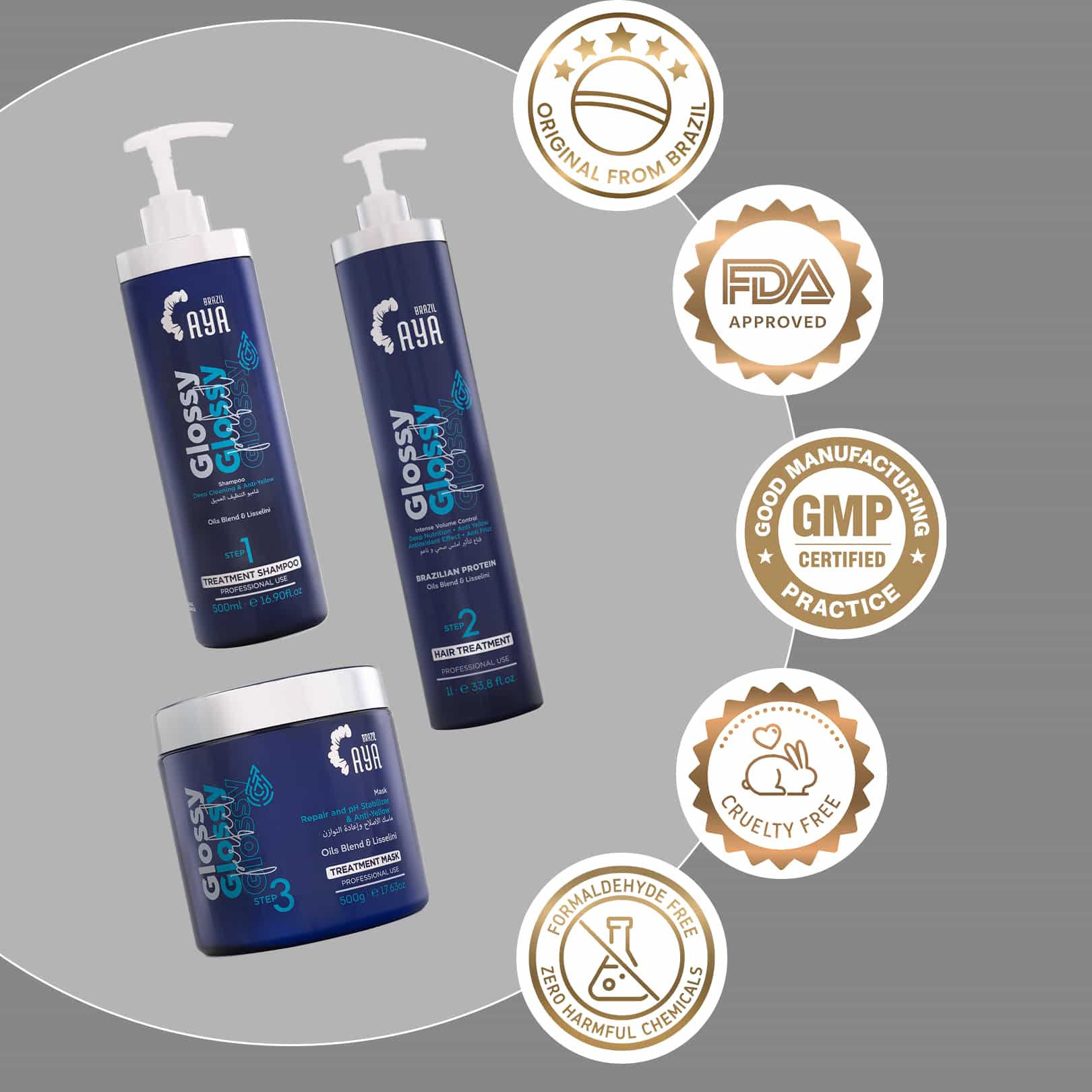 Three bottles of Glossy hair product with certification logos on a gray background