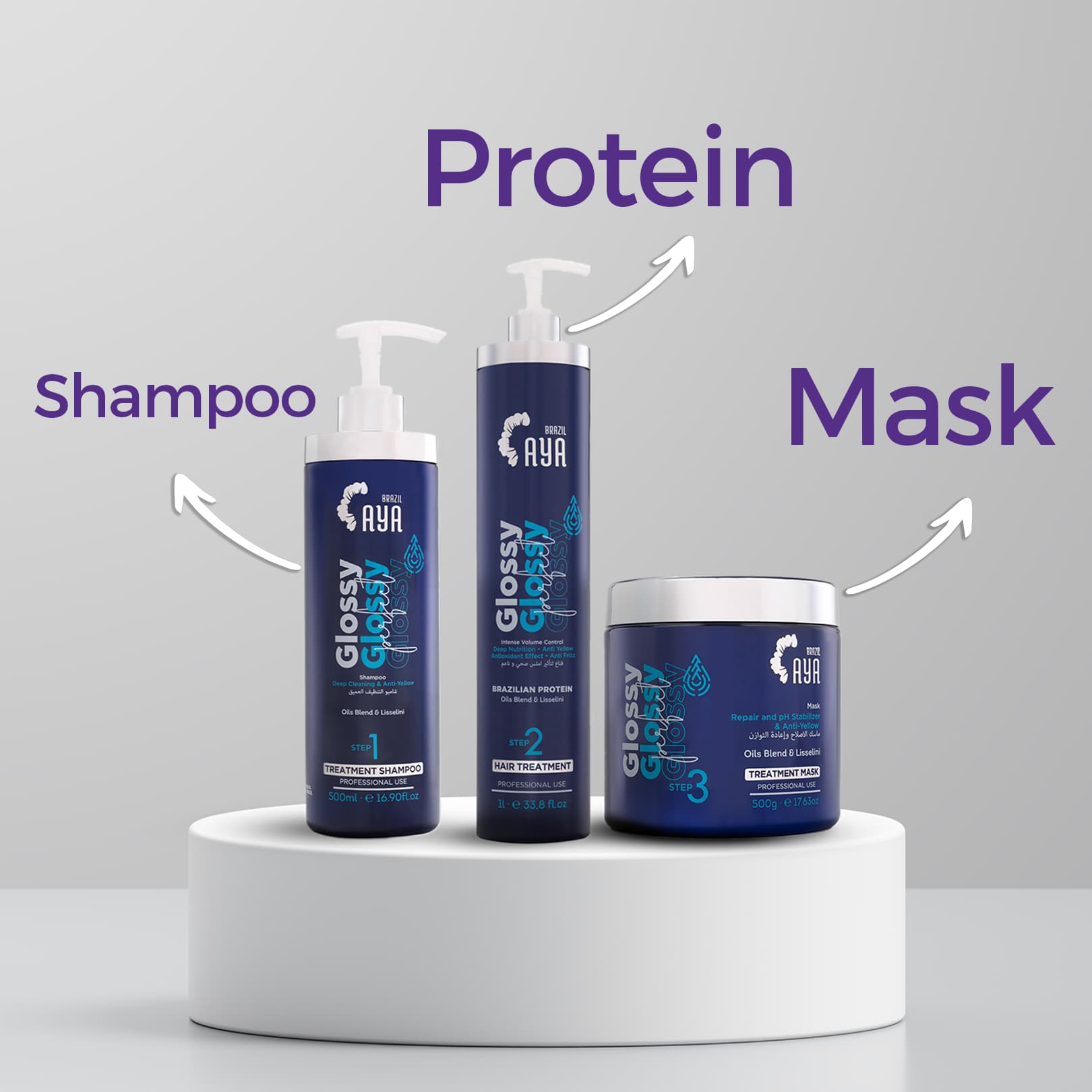 Aya Glossy hair care product set with shampoo, mask, and treatment on a white platform against a gray background.