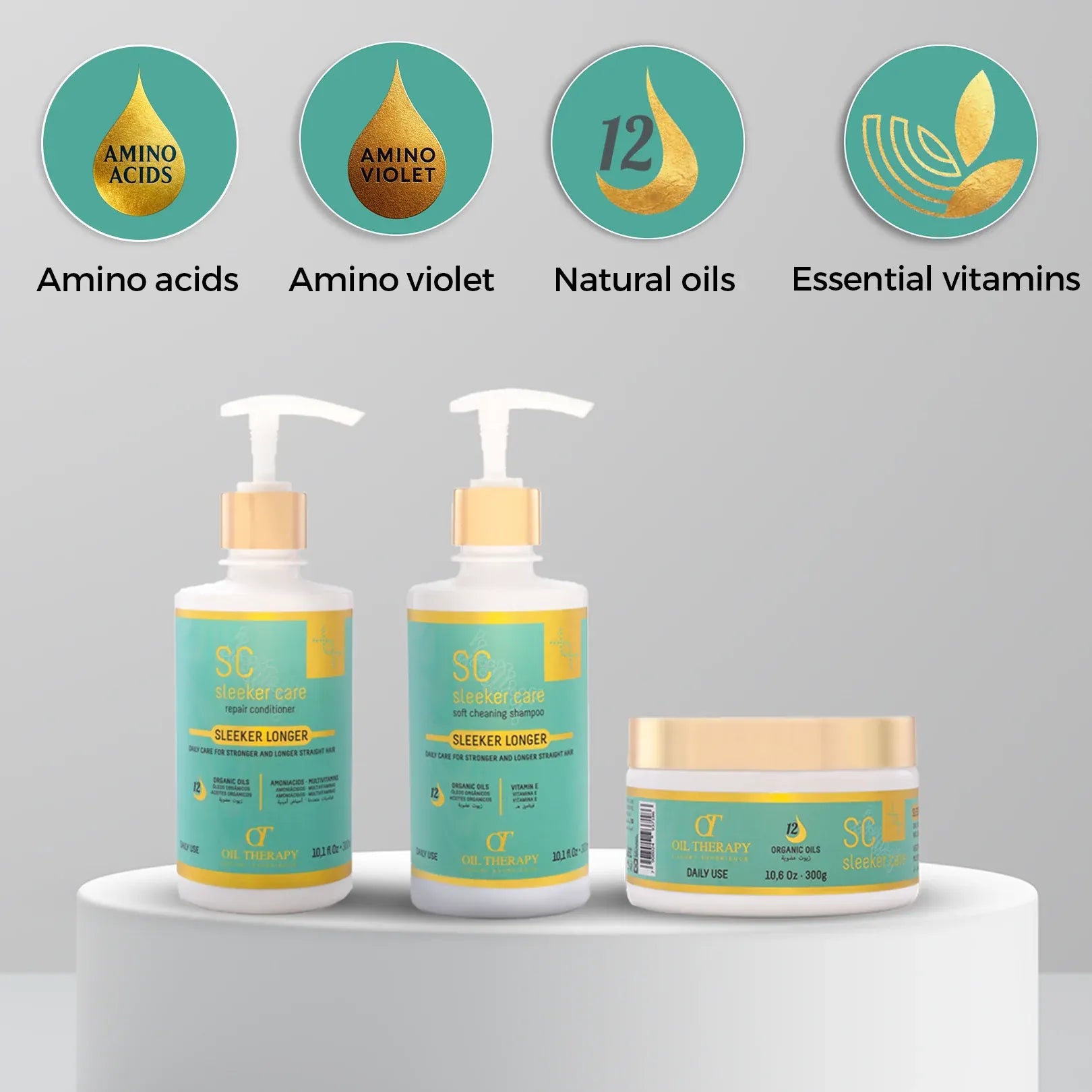 Cosmetic products with labels indicating ingredients like amino acids, amino violet, natural oils, and essential vitamins on a gray background.