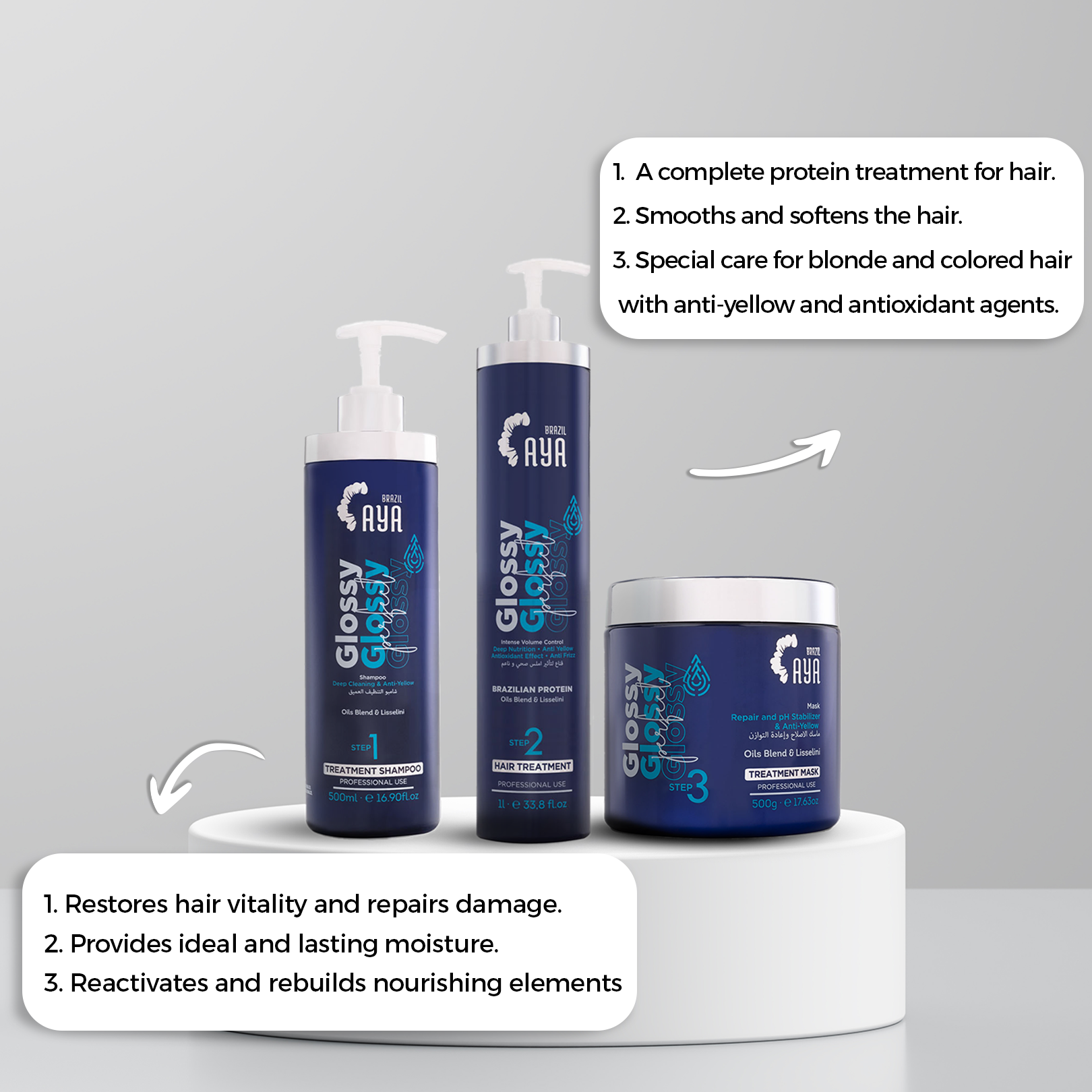 مجموعة بروتين الشعر الأشقر والمصبوغ آيا برازيل 3 خطوات – للشعر الأشقر/المصبوغ