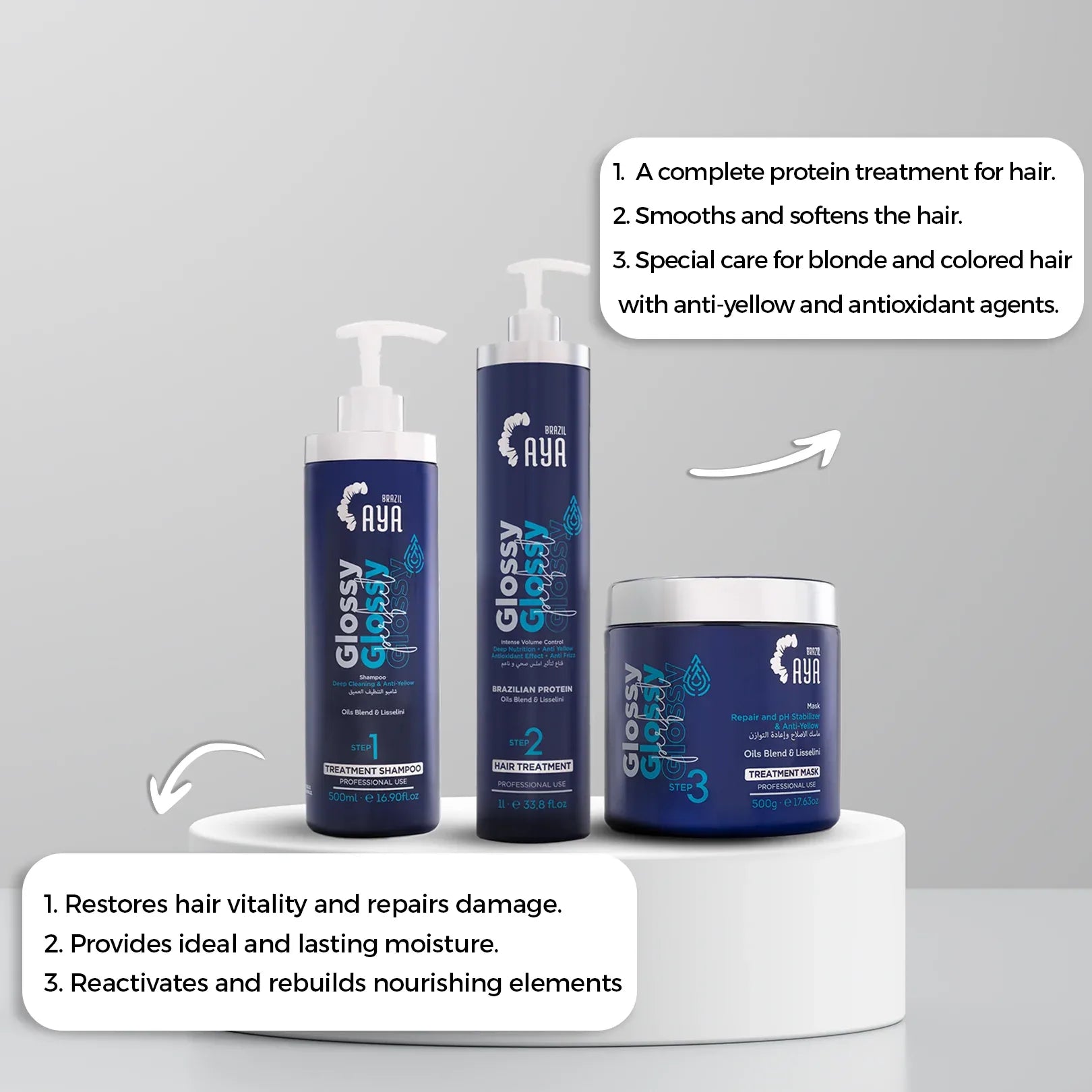 مجموعة بروتين الشعر الأشقر والمصبوغ آيا برازيل 3 خطوات – للشعر الأشقر/المصبوغ