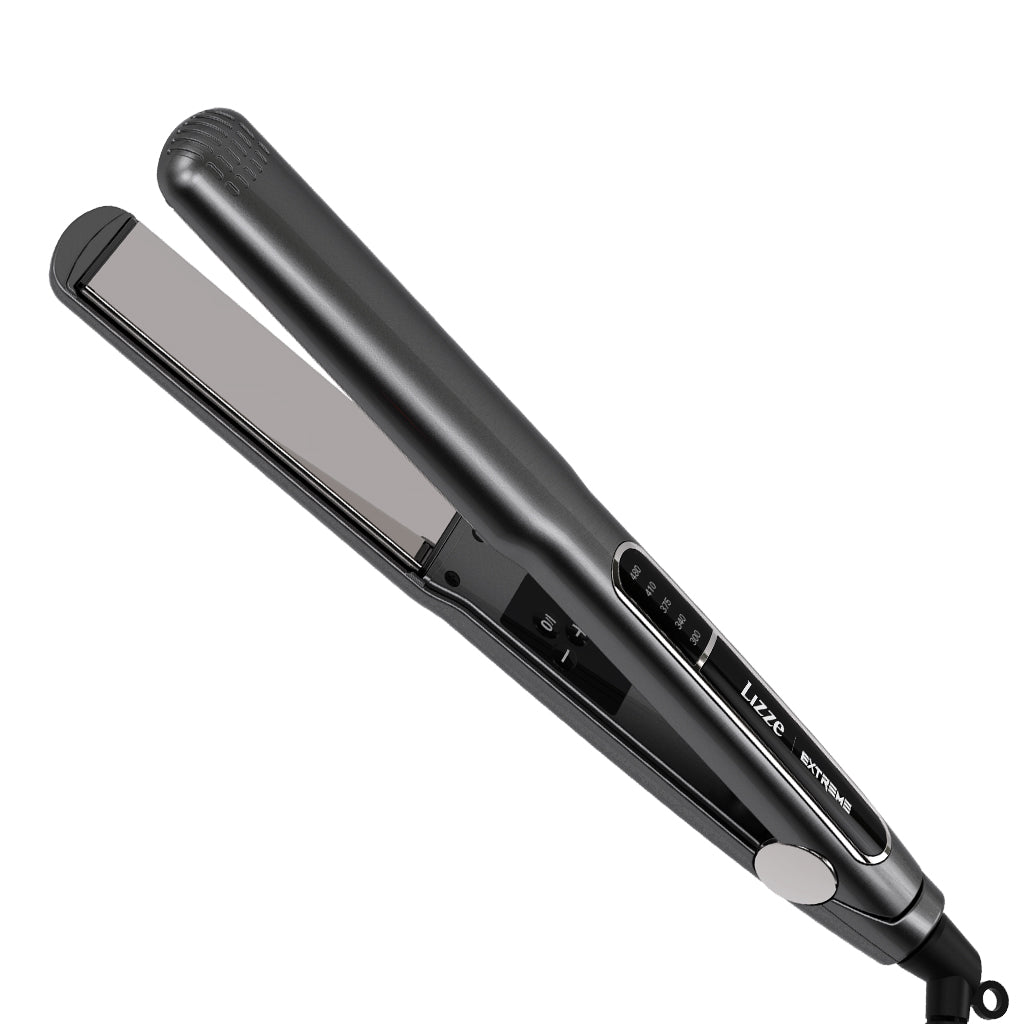 A professional hair straightener with gray plates and a black handle, branded Lizze.