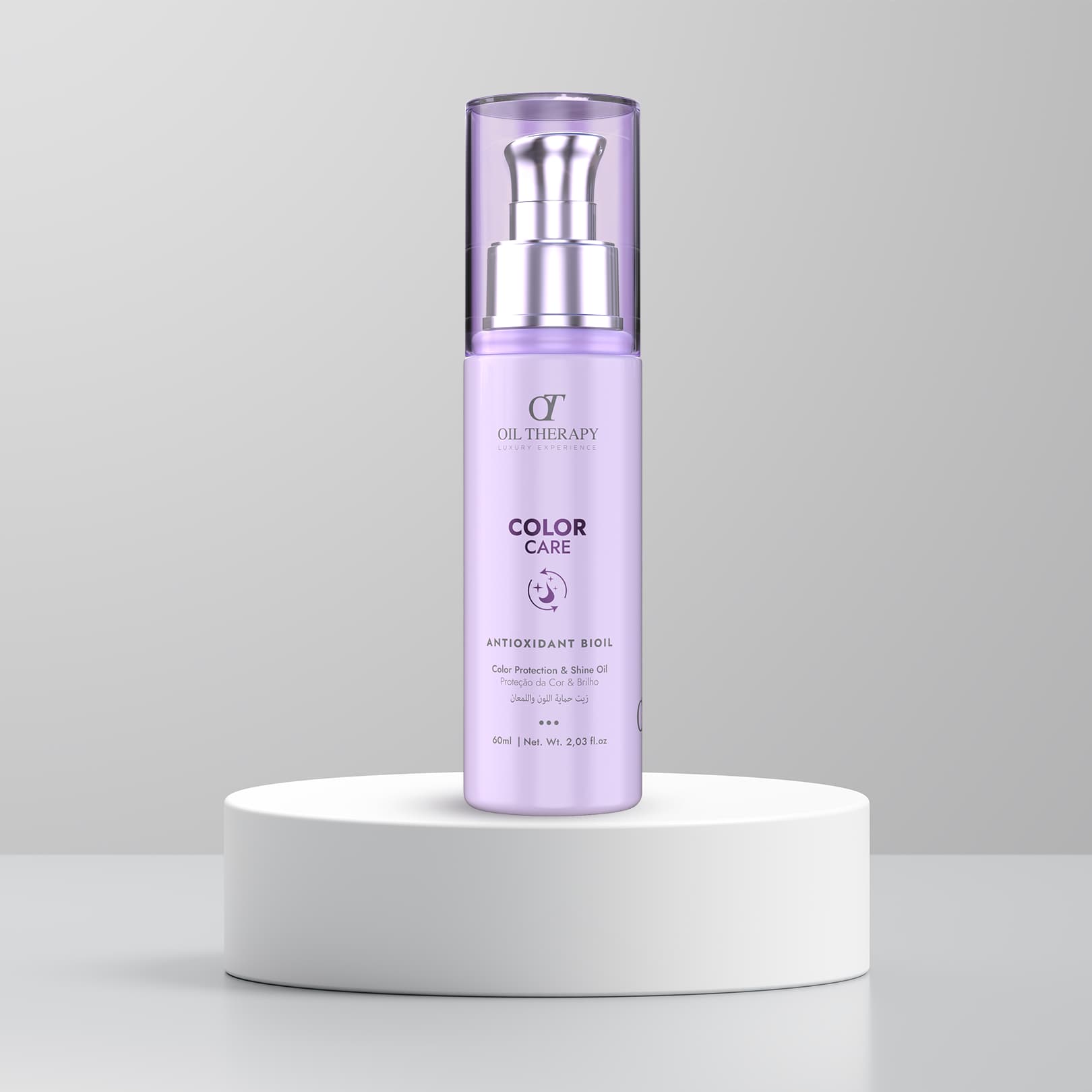 Purple skincare bottle labeled 'Color Care' on a white platform with a light gray background