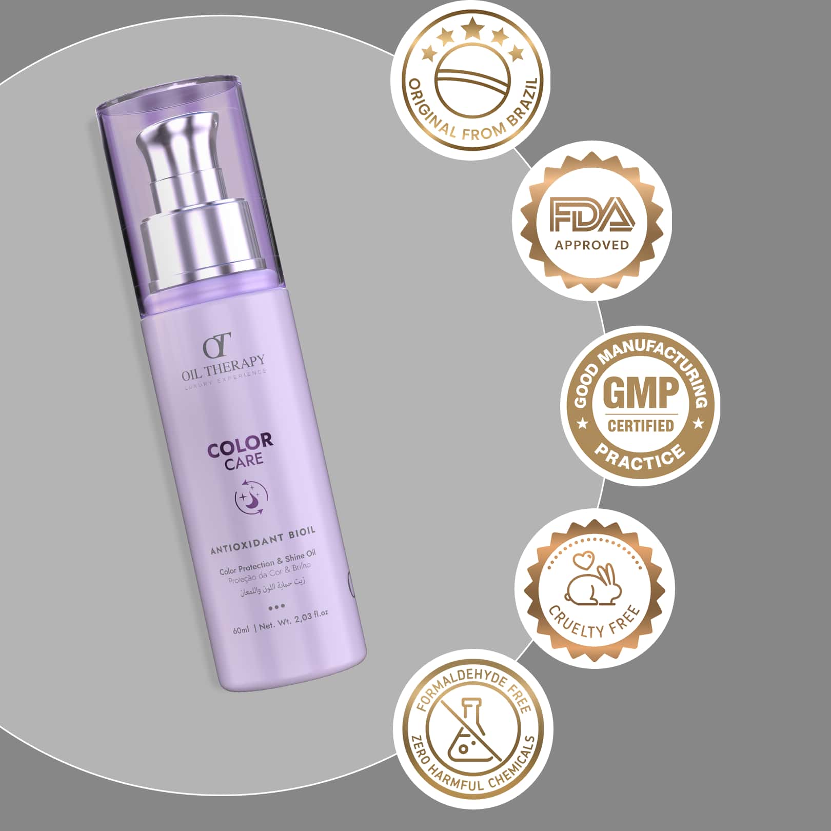 Purple bottle of oil therapy product with certification badges on a gray background