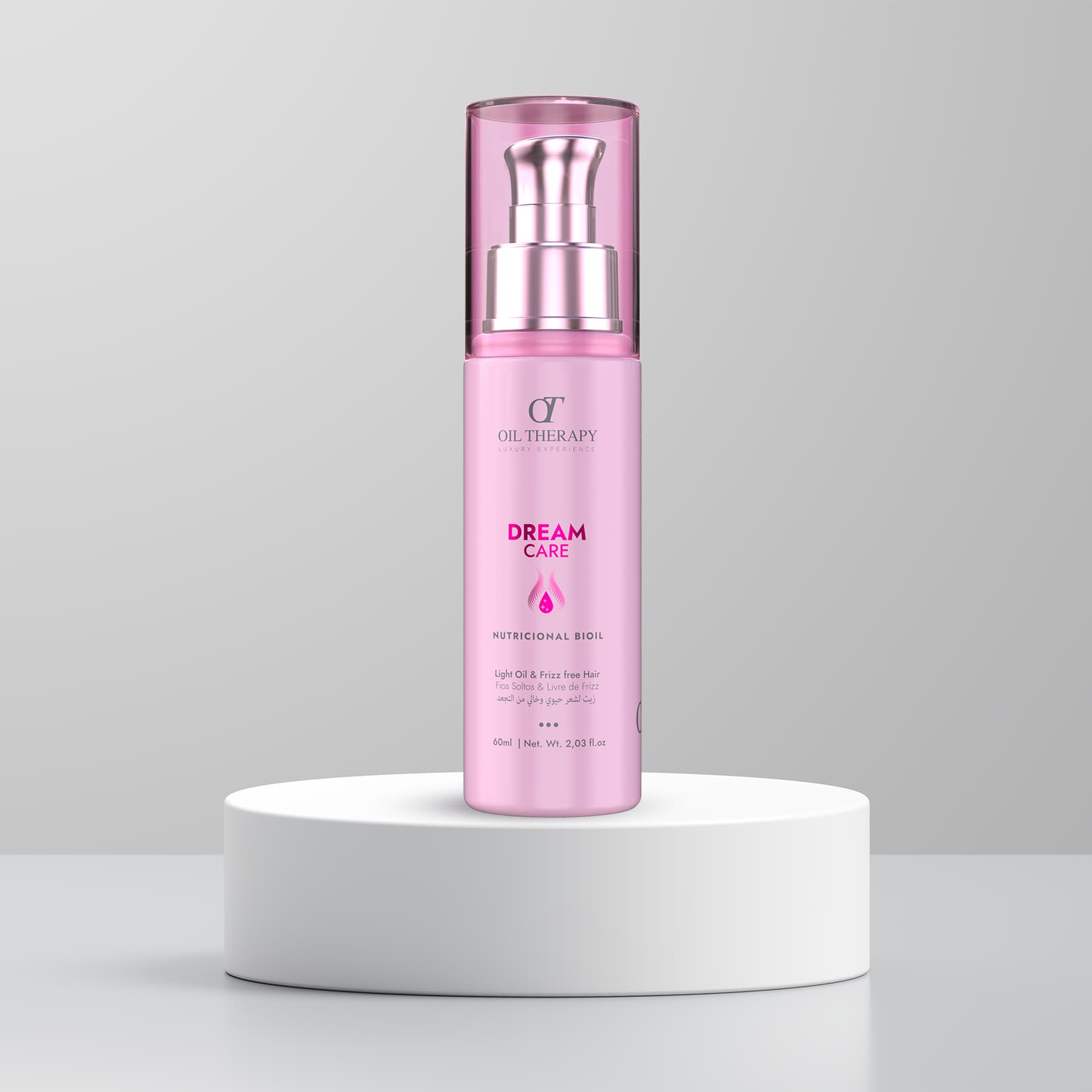 Pink skincare bottle labeled 'Dream Care' on a white platform with a light gray background