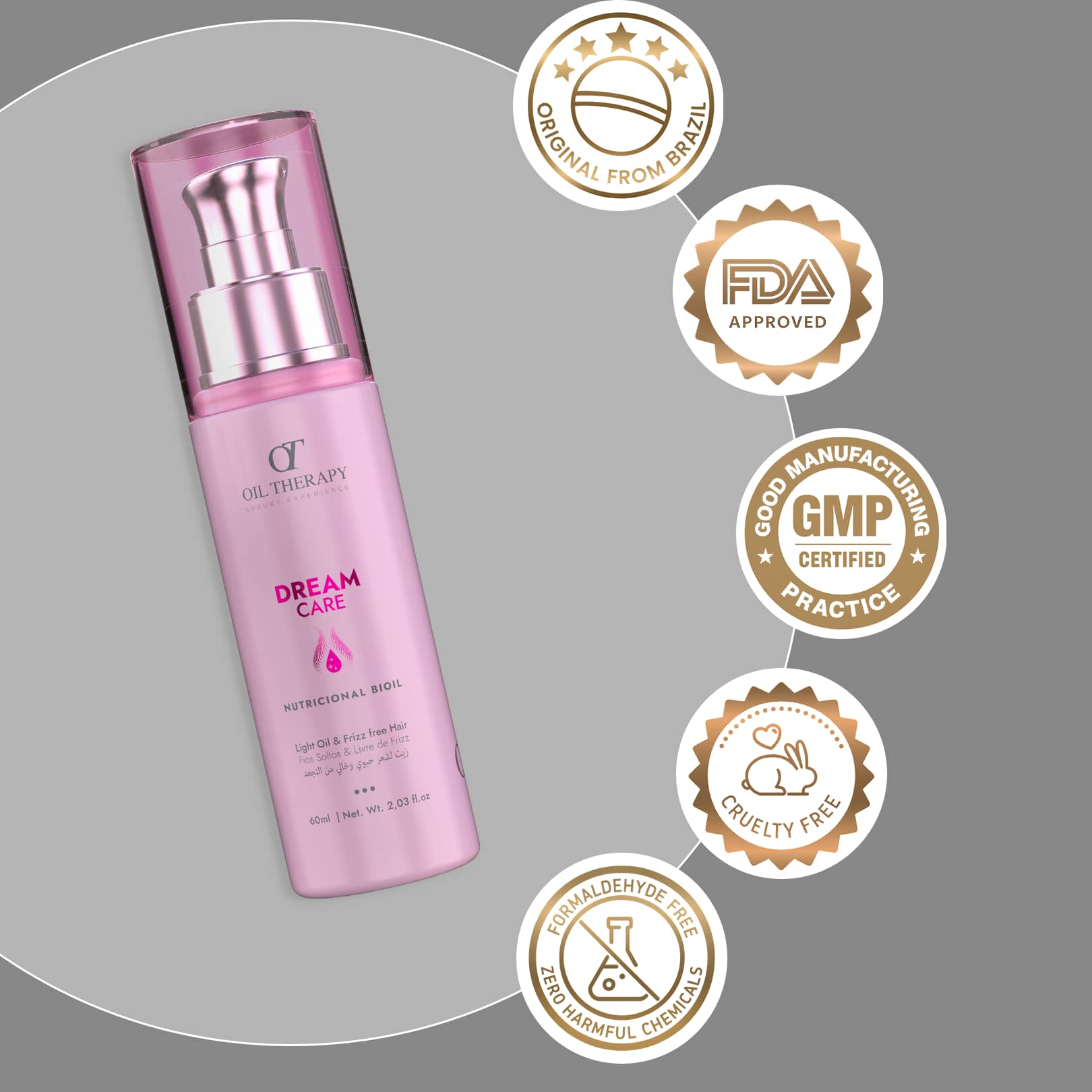 Pink skincare bottle with certification logos on a gray background