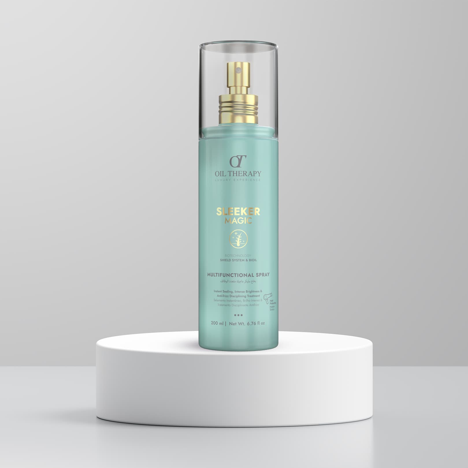 Multifunctional spray bottle on a white pedestal with a gray background