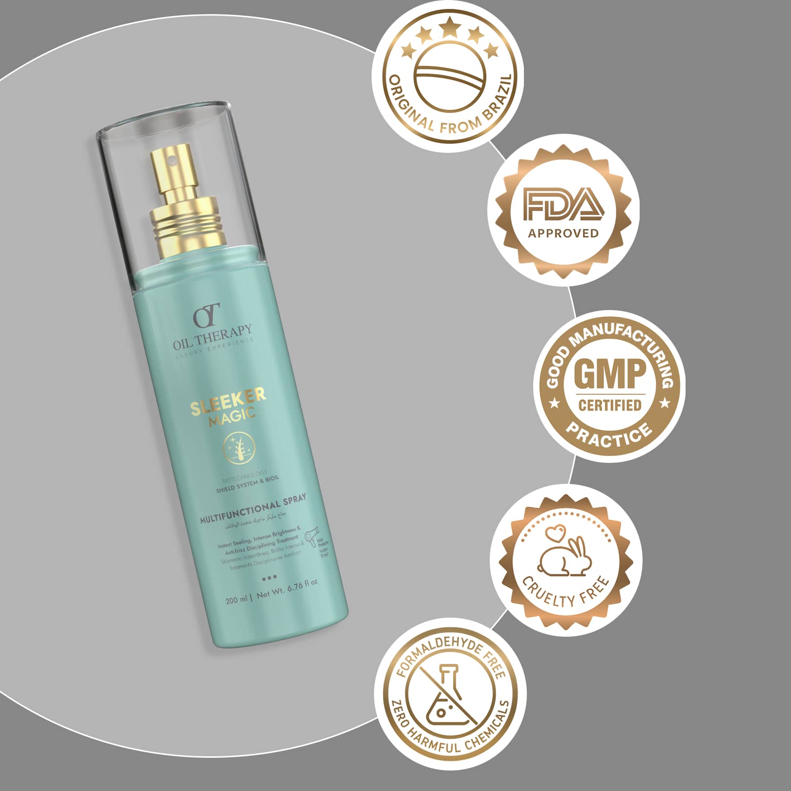 Skincare spray bottle with certification badges on a gray background